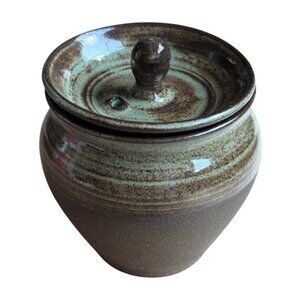 Handmade Studio Pottery Lidded Jar Signed By Unknown Artist Brown & Green Glaze